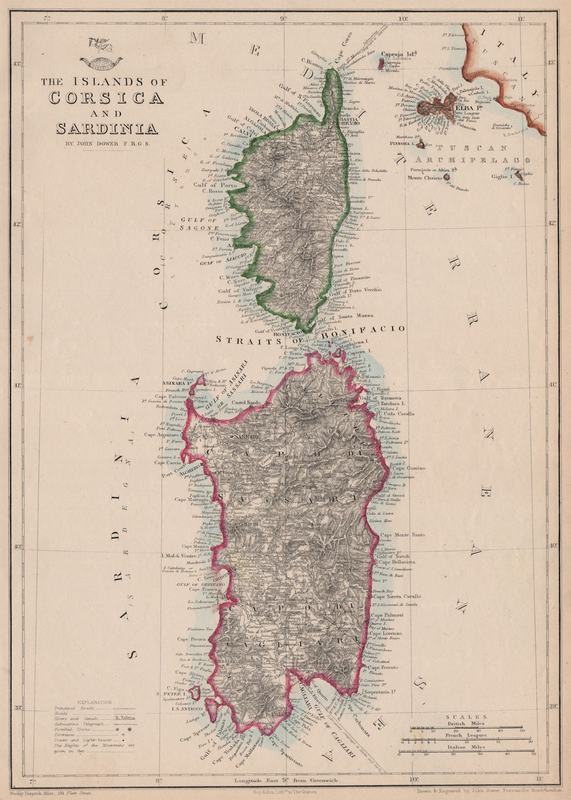 'The Islands of Corsica & Sardinia'. Elba. JOHN DOWER. Dispatch Atlas 1862 map
